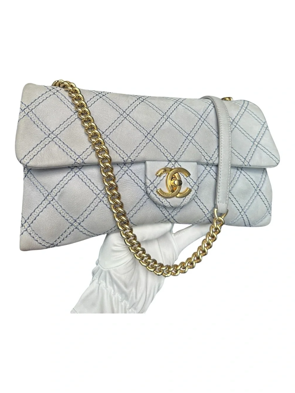 CHANEL Quilted Lambskin Shoulder Bag in Light Gray with Gold Hardware